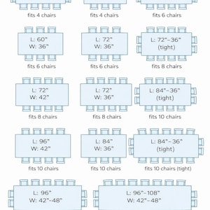 May include: Diagrams of rectangular tables with dimensions in inches, showing how many chairs each table fits. Sizes range from 36"-48" long to 96"-108" long, and 24"-30" to 42"-48" wide. The tables fit from 4 to 12 chairs.