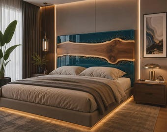 Custom Walnut Wood Epoxy Headboard, Blue Resin Detail, Handmade Luxury Furniture