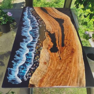 Handmade Acacia Epoxy Ocean Wave River Dining Table – Black Resin Top, Customizable Luxury Home Decor