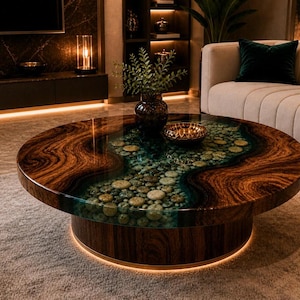 Peut inclure: Une table basse ronde avec une finition en bois foncé et un motif central en forme de rivière rempli de petits cailloux et de résine transparente. La table a une base en bois foncé avec une lumière chaude et brillante sur le bord inférieur.