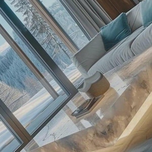 May include: A modern living room with a large window overlooking a snowy mountain landscape. A white sofa with a teal pillow sits near the window. A light-colored, marble-like coffee table holds a woven basket and a book.