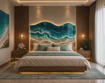 Beach Theme Epoxy Headboard Coastal Resin Ocean Wave Bed Headboard Live Edge Wood Design, Handmade Custom Furniture for Luxury Bedroom Decor