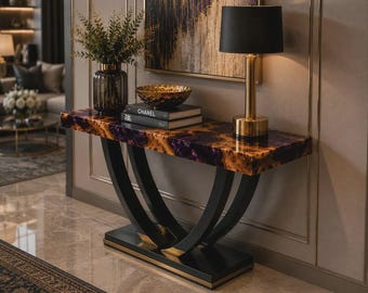 Purple Epoxy Console Table, Live Edge Wood Console Table, Handmade Entryway Furniture