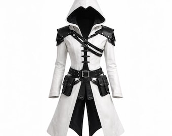 White Hooded Leather Trench Coat | Assassin Style Cosplay Jacket | LARP Renaissance Warrior Costume