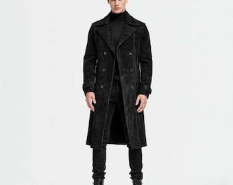 Men’s Black Suede Leather Trench Coat – Vintage Long Overcoat – Classic Button-Up Fall Winter Outerwear