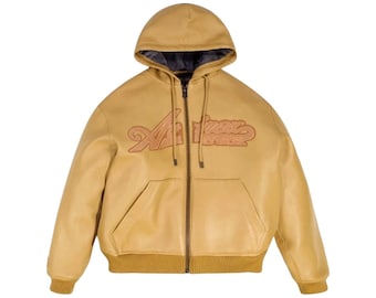 Avirex Men’s Yellow Genuine Leather Hoodie Bomber Jacket USA Logo Nappa Hooded