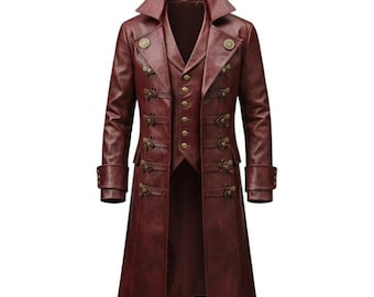 Men's Vintage Burgundy Leather Trench Coat | Steampunk Pirate Style