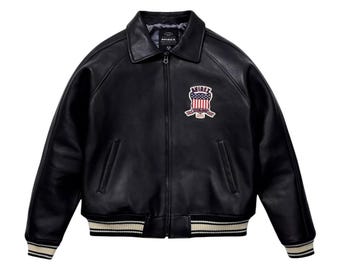 Chaqueta bomber de cuero auténtico Avirex negra para hombre, chaqueta de cuero de vuelo americana