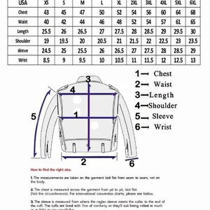Puede incluir: Tabla de tallas de chaquetas para hombre, con medidas en cm. La tabla incluye tallas de pecho, cintura, largo, hombro, manga y mu&ntilde;eca, desde XS hasta 6XL. Un diagrama ilustra c&oacute;mo medir la chaqueta.