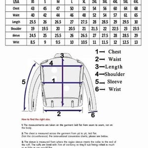 May include: A size chart for men's jackets, with measurements in inches for chest, waist, length, shoulder, sleeve, and wrist. The chart includes sizes from XS to 6XL, with a diagram illustrating how to measure the jacket.