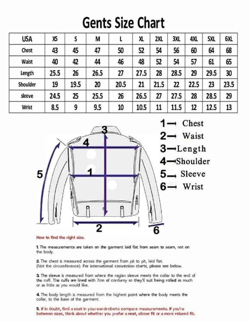 May include: A size chart for men's jackets, with measurements in inches for chest, waist, length, shoulder, sleeve, and wrist. The chart includes sizes from XS to 6XL, with a diagram illustrating how to measure the jacket.