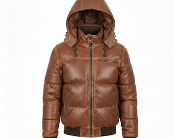 Premium Unisex Sheepskin Leather Puffer Jacket | Hooded Vintage-Style Winter Bomber