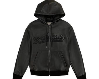 Men’s Classic Black Avirex Genuine Nappa Leather Bomber Hoodie Jacket USA Logo