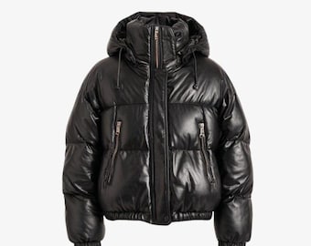 Men’s Black Leather Puffer Jacket | Genuine Leather Hooded Quilted Winter Coat | Warm Designer Outerwear