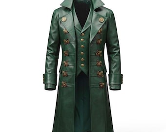 Men's Vintage Green Leather Steampunk Trench Coat | Gothic Pirate Outerwear