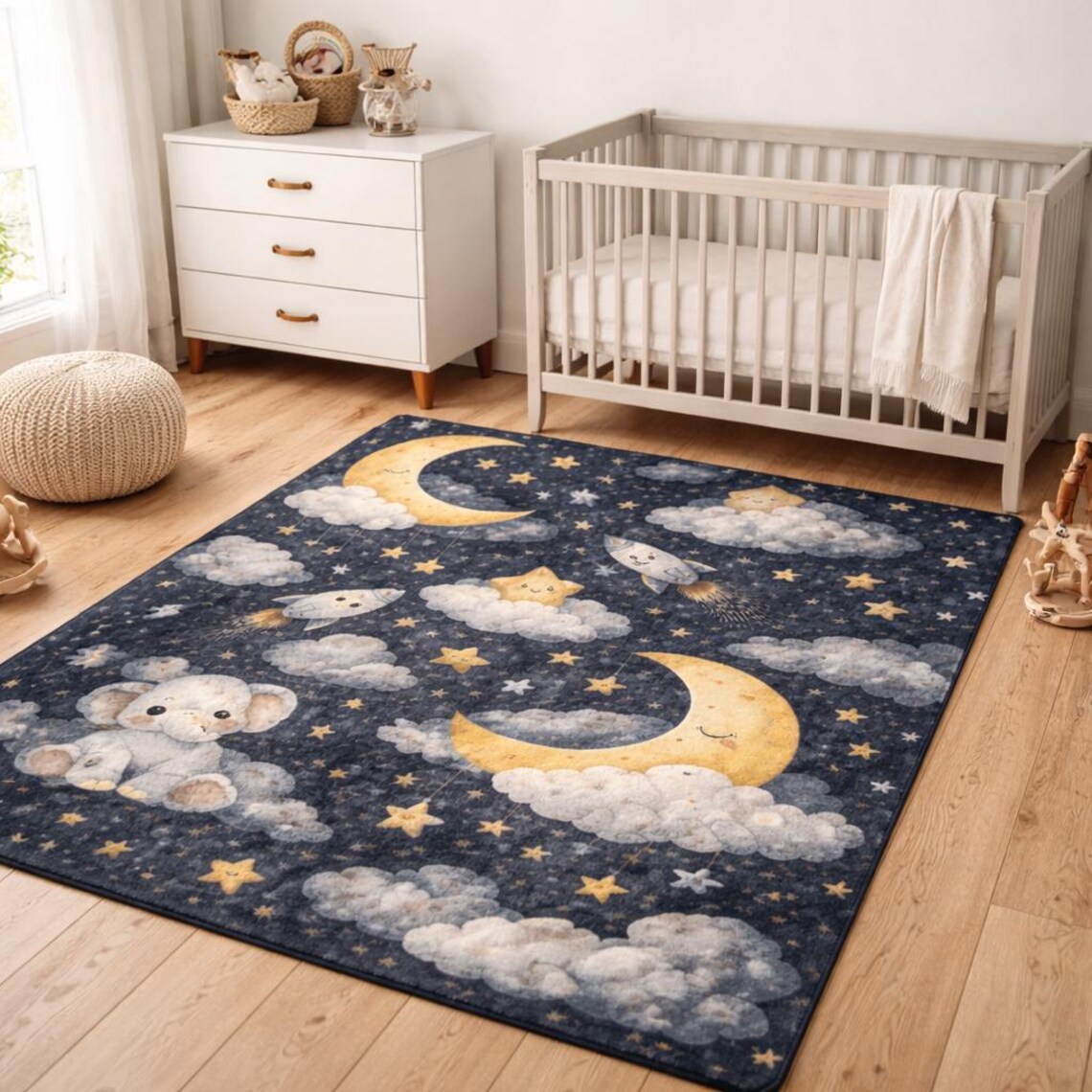 Moon Rover Play Rug Celestial Nursery Rug, Elephant and Moon Rug, Space Themed Kids Room ...