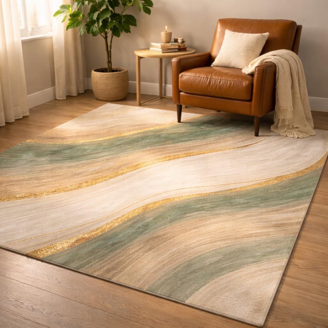 Sage Green and Gold Abstract Rug, Modern Living Room Carpet, Wavy Beige ...