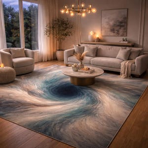 May include: A large area rug with a swirling design in shades of blue, beige, and brown dominates the room. The rug's pattern resembles a vortex or whirlpool. The room also features a sofa, chairs, and a coffee table, creating a cozy living space.
