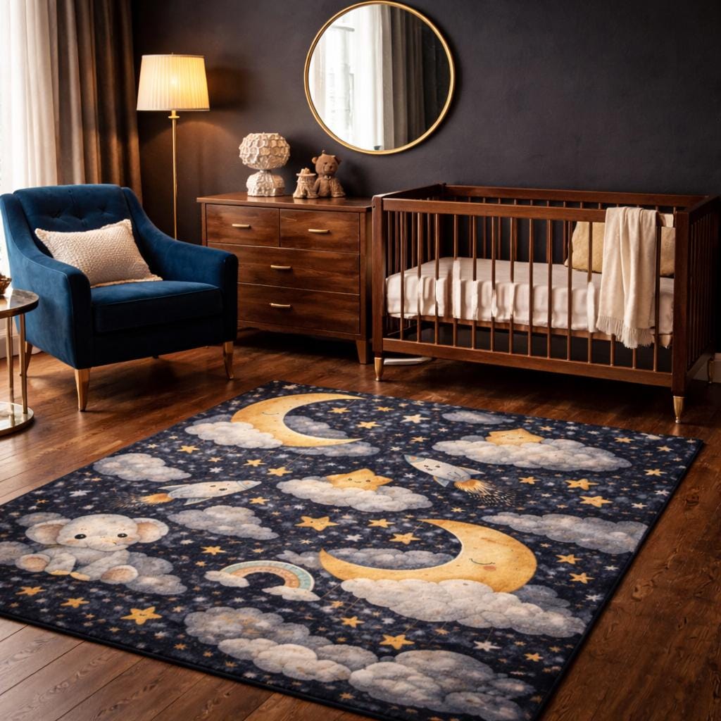 Moon Rover Play Rug Celestial Nursery Rug, Elephant and Moon Rug, Space Themed Kids Room ...