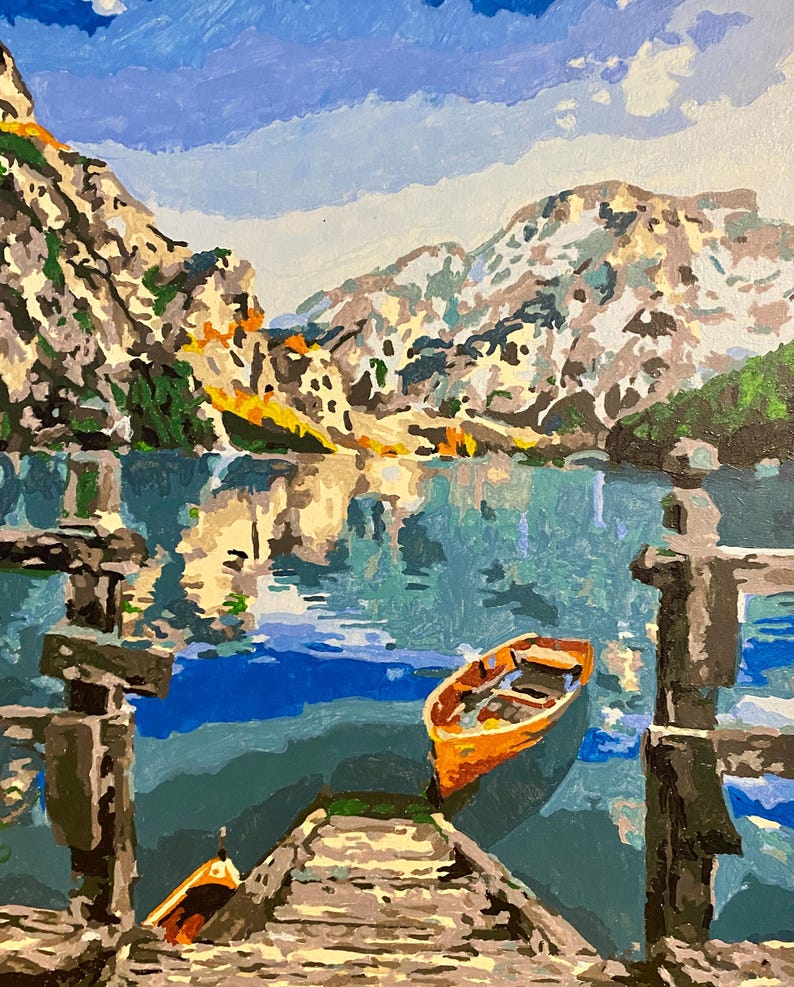 Wall Art Mountain Lake Dock Painting on Canvas | Blue Water Landscape ...