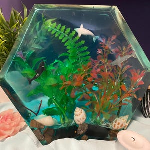 May include: A hexagonal resin art piece featuring a miniature underwater scene. It includes small dolphin figurines, seashells, and colorful plants. The resin is clear with a blue-green hue, creating a vibrant, decorative display.