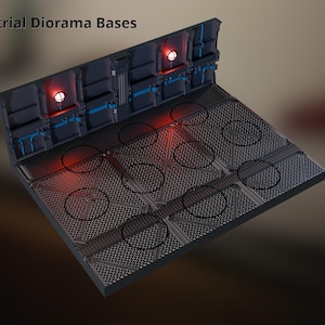 Puede incluir: Una base de diorama industrial con un suelo texturizado gris oscuro con patrones circulares y una sección de pared vertical. La pared incluye paneles empotrados, detalles de tuberías azules y dos luces circulares rojas brillantes. El texto Industrial Diorama Bases es visible en la parte superior izquierda.