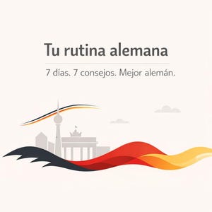 Könnte beinhalten: Ein Grafik mit dem Text "Tu rutina alemana" und "7 días. 7 consejos. Mejor alemán." Das Bild zeigt eine stilisierte Skyline mit dem Brandenburger Tor und dem Fernsehturm sowie ein fließendes Band in den Farben der deutschen Flagge.
