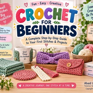 Puede incluir: Un libro titulado Crochet for Beginners con el subtítulo A Complete Step-by-Step Guide to Your First Stitches & Projects. La portada muestra artículos de ganchillo coloridos que incluyen una funda para taza, diadema, posavasos y un pequeño bolso.