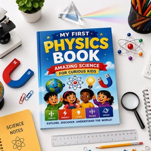 Op de afbeelding: Een hardcover boek getiteld My First Physics Book Amazing Science for Curious Kids met een blauwe kaft met illustraties van kinderen, een wereldbol, een atoom, een gloeilamp en een magneet, omringd door een microscoop, rekenmachine en liniaal.
