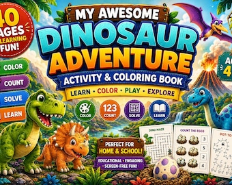 Dinosaur Activity & Coloring Book Printable PDF | Kids Ages 4-9 | 40 Pages | Instant Download Workbook