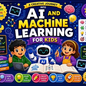 Puede incluir: Una colorida portada de libro educativo titulada A Creative Journey into AI and Machine Learning for Kids. El diseño muestra a un niño, una niña y un robot blanco con una etiqueta azul de AI, rodeados de iconos de cerebros, bombillas y cohetes.