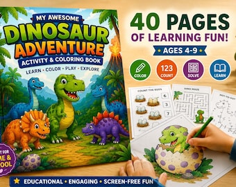 Dinosaur Activity & Coloring Book Printable PDF | Kids Ages 4-9 | 40 Pages | Instant Download Workbook