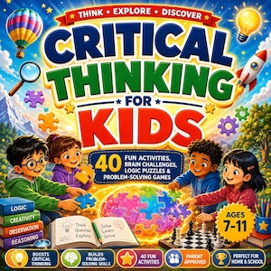 Peut inclure: Une boîte de jeu éducatif intitulée Critical Thinking for Kids illustrée d'enfants manipulant des puzzles, un jeu d'échecs et des livres. Le design inclut une montgolfière, une fusée et du texte mentionnant 40 activités et défis cérébraux.