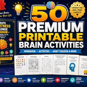 Può includere: Un quaderno di esercizi digitale intitolato Ultimate Brain Fitness Challenge con 50 attività cerebrali stampabili. Il set include una copertina a spirale, giochi di memoria, ricerche logiche, sudoku, un tracker delle abitudini e un certificato.