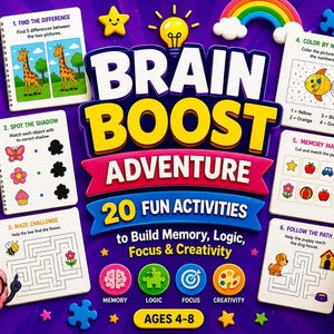 Pode incluir: Um conjunto de atividades Brain Boost Adventure com 20 jogos para idades de 4 a 8 anos. O fundo roxo exibe seis páginas de atividades, incluindo encontrar a diferença, combinar sombras, labirintos, colorir por números e jogo da memória.