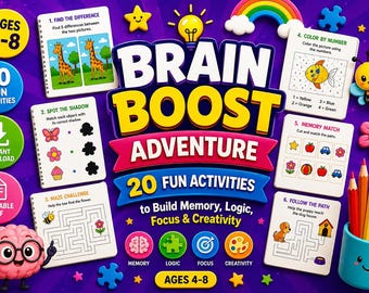 Brain Boost Activity Book for Kids Ages 4-8 | 20 Fun Games | Printable PDF