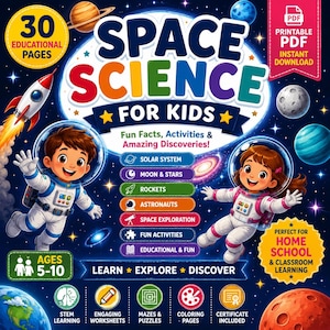 Könnte beinhalten: Ein digitales Lernheft-Cover mit dem Titel SPACE SCIENCE FOR KIDS, das zwei Zeichentrick-Astronauten in weißen Anzügen im Weltraum zeigt. Das Design enthält bunte Planeten, eine Rakete und Text, der 30 Bildungsseiten, Fakten, Aktivitäten und MINT-Lerninhalte für 5- bis 10-Jährige auflistet.