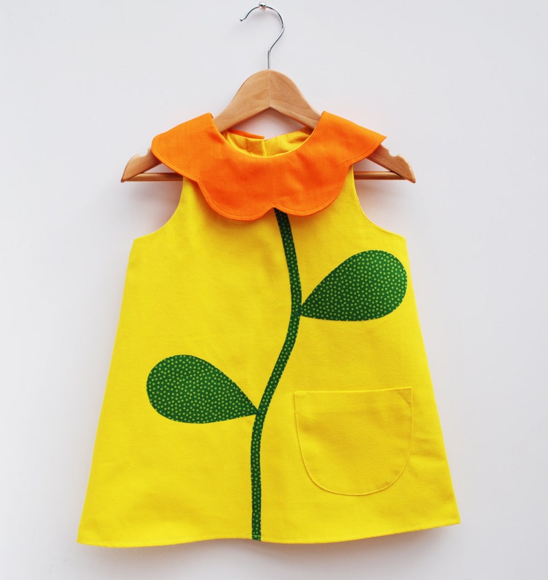 Yellow Flower Collar Girls Dress in cotton canvas 60's style image 3