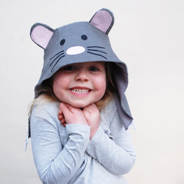 Childrens wild things mouse hat in grey cord with applique ears and face