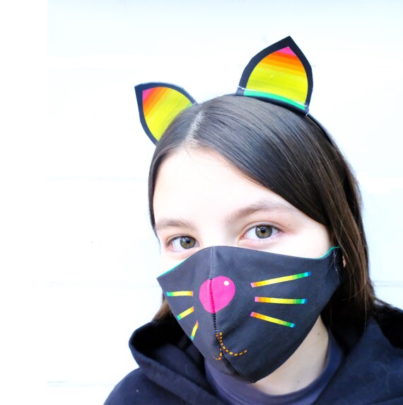 Halloween Cat Face Mask Kids Face Mask Halloween Cat Set Etsy 日本