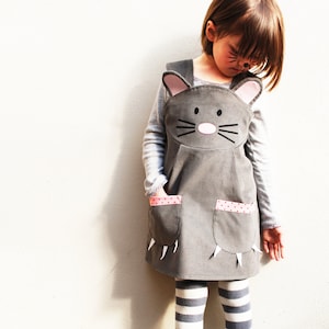 Girls mouse animal dungaree dress handmade in the UK in grey corduroy image 1