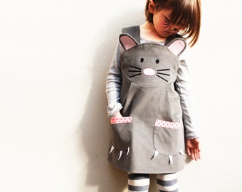 Girls mouse animal dungaree dress handmade in the UK in grey corduroy