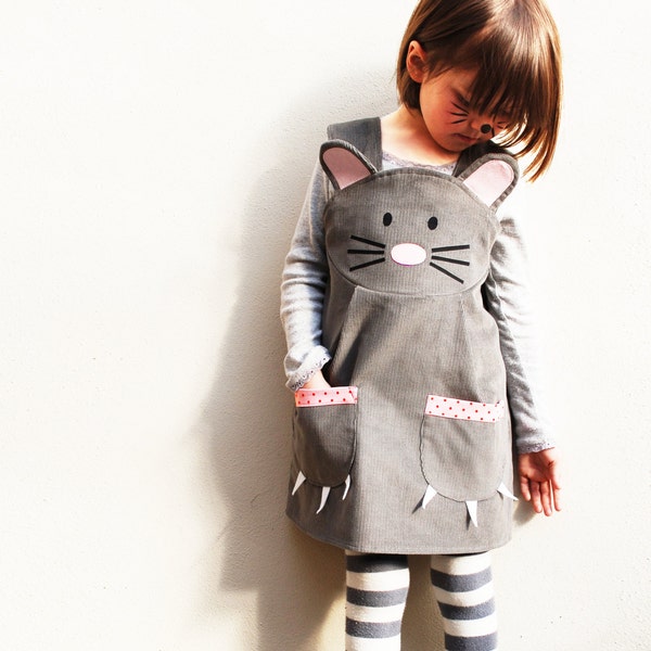 Girls mouse animal dungaree dress handmade in the UK in grey corduroy