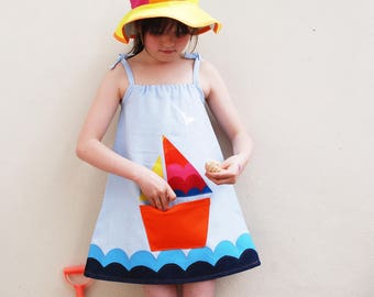 Out to sea pocket pinafore sun dress in blue linen