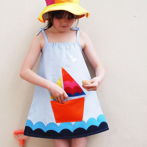 Out to sea pocket pinafore sun dress in blue linen