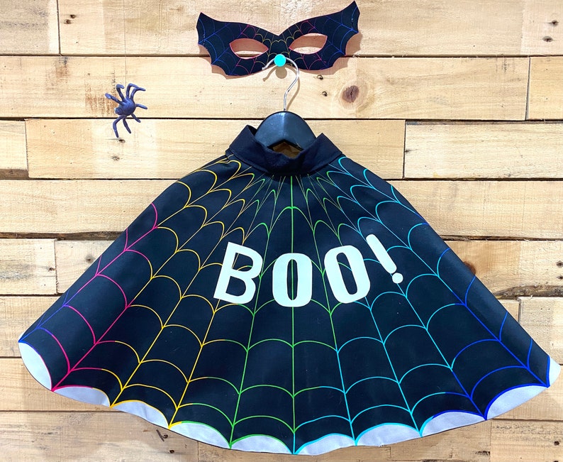 Cobweb Halloween Hero Cape and Mask set, personalised glow in the dark cape, spooky costume, witches cape image 1