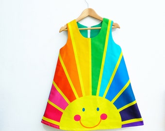 Rainbow of hope sunrise A line dress ,Happy face, spectrum print.