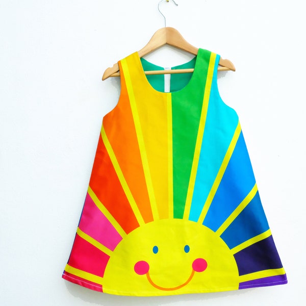 Rainbow of hope sunrise A line dress ,Happy face, spectrum print.