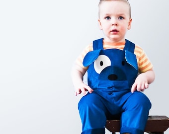 puppy dog dungaree overalls in blue cord