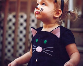 Girls Halloween cat dress , baby dress, toddler girls pinafore dress